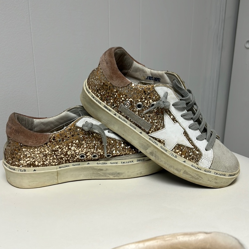 COPY - Golden Goose Hi Star distressed glittered leather and suede sneakers